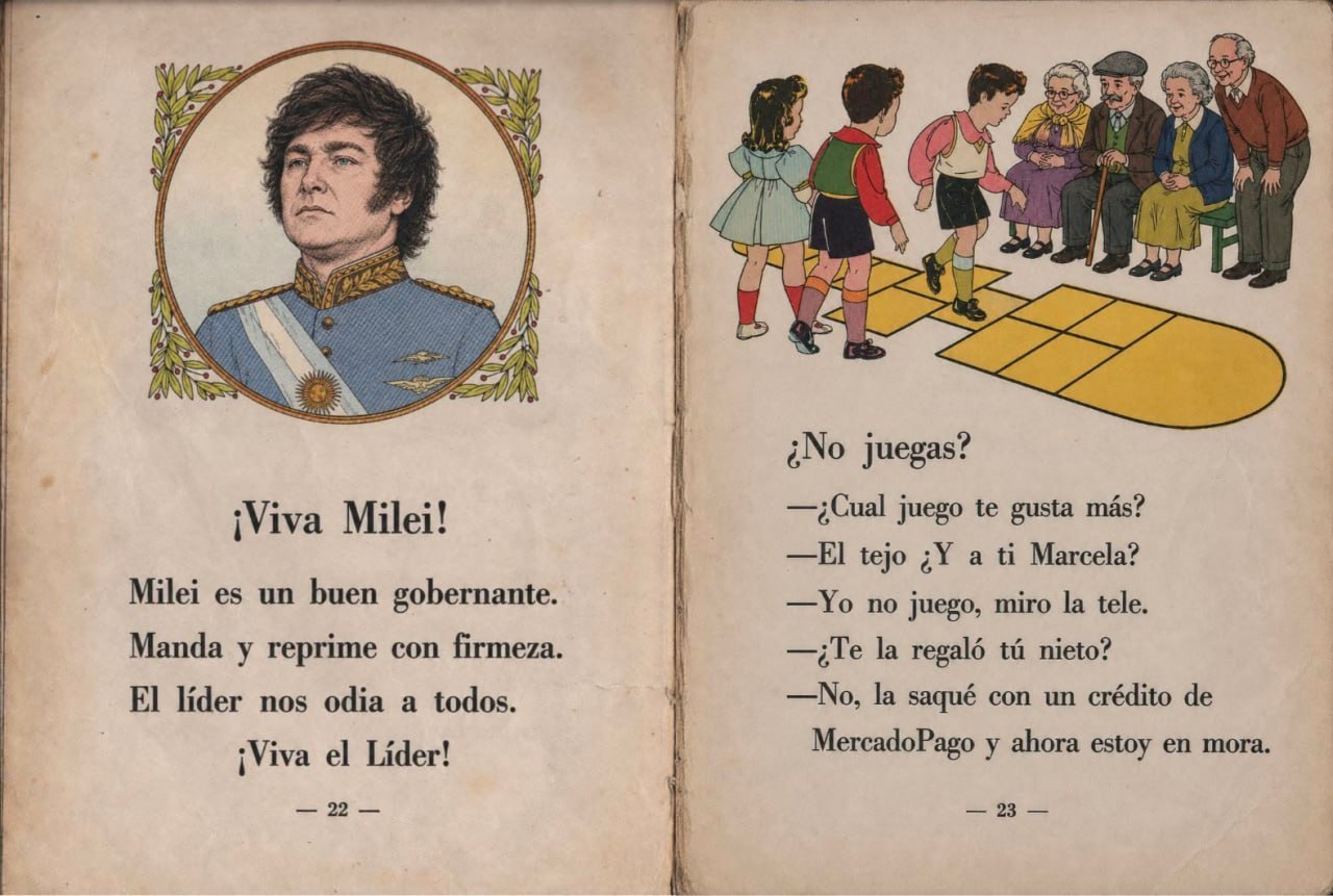 🐍Milei dictador🗽 a book with illustrations of children and a man